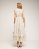 Vestido maxi sin mangas de batista y con bordados, largo irregular y ajustable a la cintura - Tantra Spain