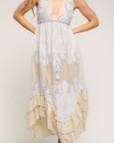 Vestido maxi sin mangas de batista y con bordados, largo irregular y ajustable a la cintura - Tantra Spain
