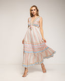 Vestido maxi sin mangas con bordados fluor y pedrería, cintura ajustable y detalle de pompones - Tantra Spain