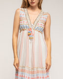 Vestido maxi sin mangas con bordados fluor y pedrería, cintura ajustable y detalle de pompones - Tantra Spain