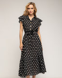 Vestido midi de lunares con botones en la parte de arriba, falda de vuelo y cinturón - Tantra Spain