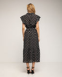 Vestido midi de lunares con botones en la parte de arriba, falda de vuelo y cinturón - Tantra Spain