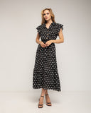 Vestido midi de lunares con botones en la parte de arriba, falda de vuelo y cinturón - Tantra Spain