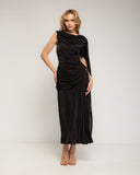 Vestido largo con drapeado en la cintura y cadera, cuello tipo barco drapeado y acabado tipo chal - Tantra Spain