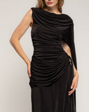 Vestido largo con drapeado en la cintura y cadera, cuello tipo barco drapeado y acabado tipo chal - Tantra Spain