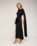 Vestido largo con drapeado en la cintura y cadera, cuello tipo barco drapeado y acabado tipo chal - Tantra Spain