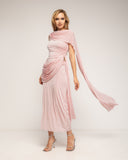 Vestido largo con drapeado en la cintura y cadera, cuello tipo barco drapeado y acabado tipo chal - Tantra Spain