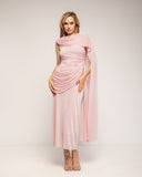 Vestido largo con drapeado en la cintura y cadera, cuello tipo barco drapeado y acabado tipo chal - Tantra Spain