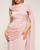 Vestido largo con drapeado en la cintura y cadera, cuello tipo barco drapeado y acabado tipo chal - Tantra Spain