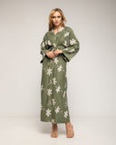 Vestido con drapeado en la cintura y en el pecho y flores bordadas - Tantra Spain