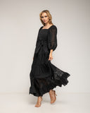 Vestido maxi con escote cuadrado y mangas farol, batista y encaje - Tantra Spain 