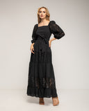Vestido maxi con escote cuadrado y mangas farol, batista y encaje - Tantra Spain 