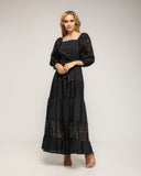 Vestido maxi con escote cuadrado y mangas farol, batista y encaje - Tantra Spain 