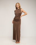 Vestido largo con drapeado en la cadera y en el hombro con detalle metálico - Tantra Spain 