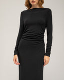 Long fine-knit cashmere dress with a boat neck, pleats at the sides and in the sleeves