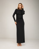 Long fine-knit cashmere dress with a boat neck, pleats at the sides and in the sleeves