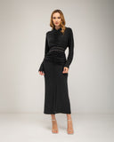 Long fine-knit dress with cashmere, draped at the center and hip, batwing sleeves and studded belt