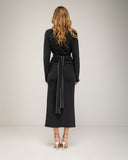 Long fine-knit dress with cashmere, draped at the center and hip, batwing sleeves and studded belt