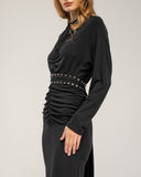 Long fine-knit dress with cashmere, draped at the center and hip, batwing sleeves and studded belt
