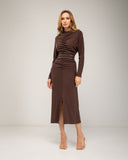 Long fine-knit dress with cashmere, draped at the center and hip, batwing sleeves and studded belt