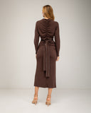 Long fine-knit dress with cashmere, draped at the center and hip, batwing sleeves and studded belt