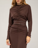 Long fine-knit dress with cashmere, draped at the center and hip, batwing sleeves and studded belt