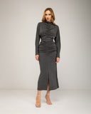 Long fine-knit dress with cashmere, draped at the center and hip, batwing sleeves and studded belt