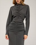 Long fine-knit dress with cashmere, draped at the center and hip, batwing sleeves and studded belt