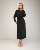 Vestido de punto fino con cashmere, cuello redondo,manga murciélago,  bolsillos ocultos  y elástico a un lado