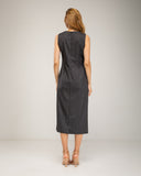 Sleeveless pinstripe midi dress, with a pleat on one side and a slit at the bottom
