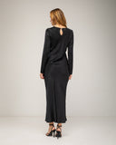 Fitted long silk dress with a side pleat