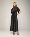 Long satin dress with a turtleneck and bow at the back, fitted at the waist with short flared sleeves