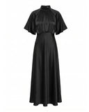 Long satin dress with a turtleneck and bow at the back, fitted at the waist with short flared sleeves