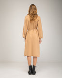 Oversized fine knit dress with a high neck, fitted at the front waist, and elastic cuffs