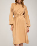 Oversized fine knit dress with a high neck, fitted at the front waist, and elastic cuffs