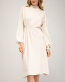 Oversized fine knit dress with a high neck, fitted at the front waist, and elastic cuffs