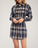 Short checkered shirt dress with lace-up and button details. Drawstrings at the waist