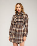 Short checkered shirt dress with lace-up and button details. Drawstrings at the waist