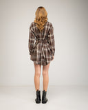 Short checkered shirt dress with lace-up and button details. Drawstrings at the waist