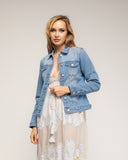 Chaqueta denim con bordados de flores en la espalda, strass y lentejuelas - Tantra Spain