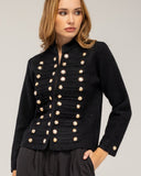 Knitted jacket with gold buttons and hook-and-eye closure