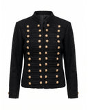 Knitted jacket with gold buttons and hook-and-eye closure