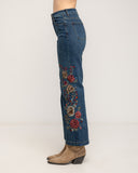 Jeans de tiro alto con bordados de flores en los laterales y en el bolsillo trasero - Tantra Spain