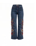 Jeans de tiro alto con bordados de flores en los laterales y en el bolsillo trasero - Tantra Spain