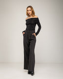 High-waisted straight-leg dress pants, with pleats and side pockets. Faux back pocket