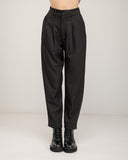 High-waisted straight-leg dress pants with waist pleats, belt loops, side pockets, and a back pocket with a button and flap