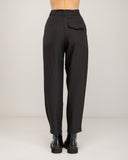 High-waisted straight-leg dress pants with waist pleats, belt loops, side pockets, and a back pocket with a button and flap