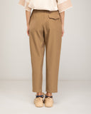 High-waisted straight-leg dress pants with waist pleats, belt loops, side pockets, and a back pocket with a button and flap