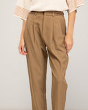 High-waisted straight-leg dress pants with waist pleats, belt loops, side pockets, and a back pocket with a button and flap