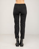 Fitted black dress pants with side pockets and faux back pockets
